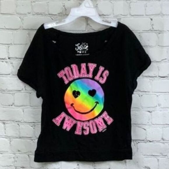 Justice Girls 8 Black Today is Awesome Neon Rainbow Smiley Tee Sequin Tshirt Top - Picture 6 of 6